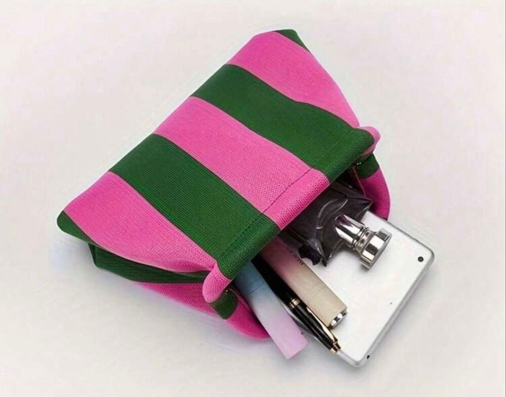 Italian Luxury Boutique Clutch/ Makeup Bag Pink Green Striped NWOT - Picture 3 of 6